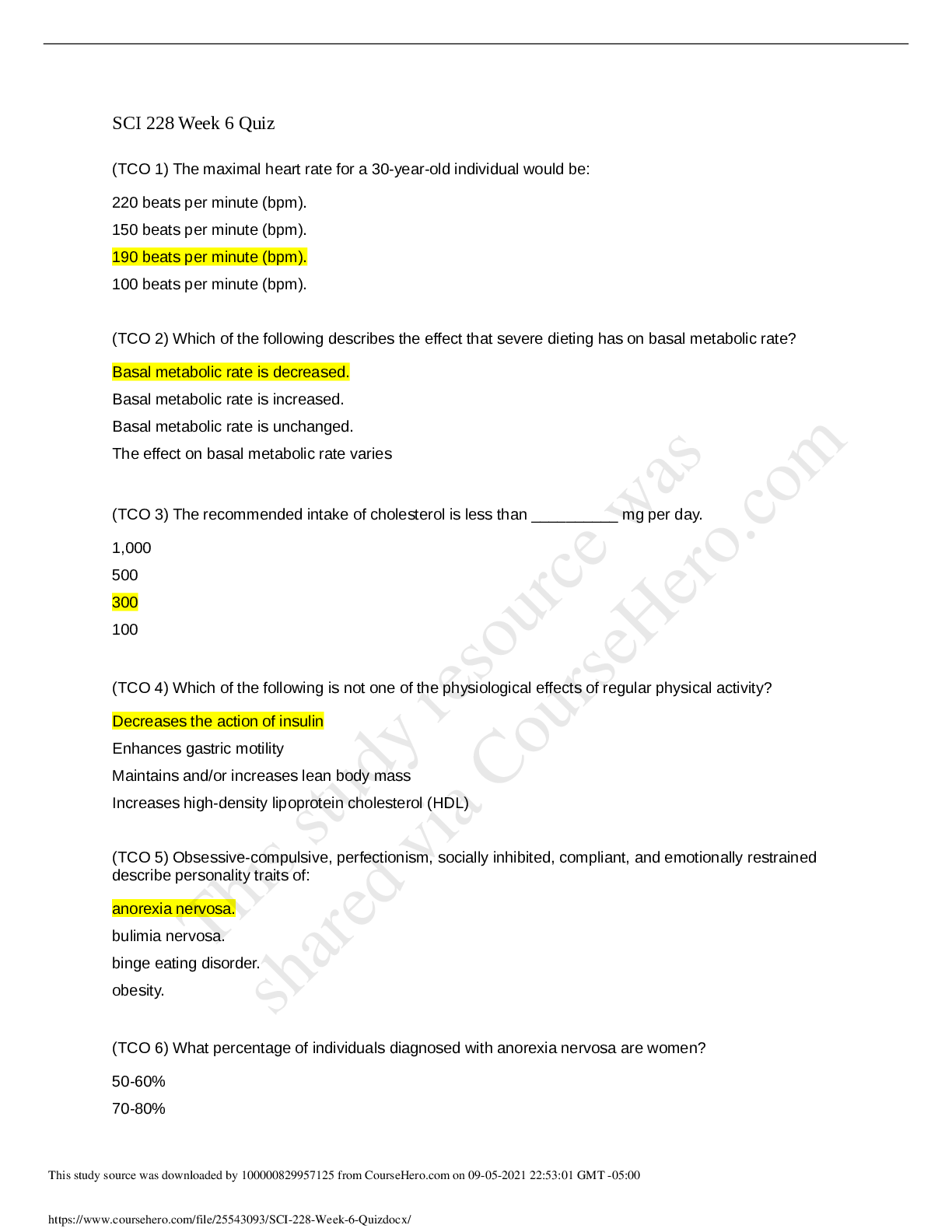 Preview of SCI-228 Week 6 Quiz (Version 2) Questions and Answers (GRADED A) solutions | GUARANTEED AC